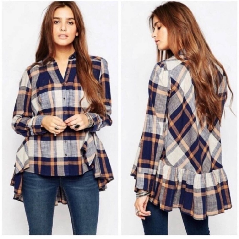 Free People Plaid Ruffle Tunic Shirt Blouse Navy